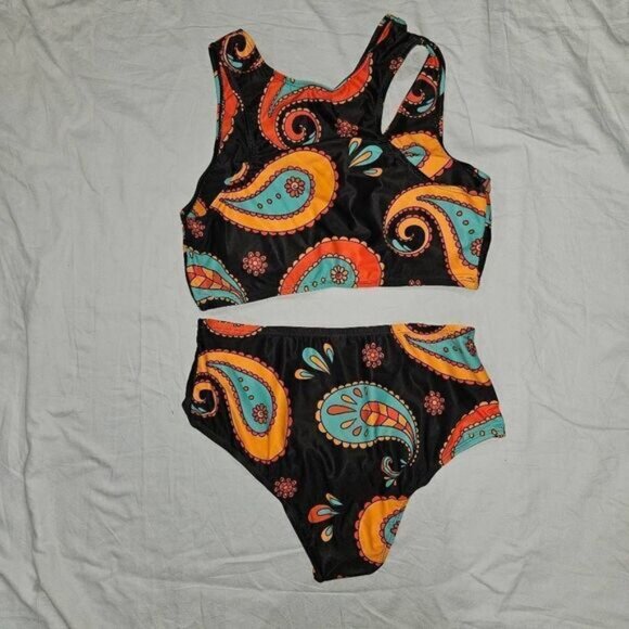 3/$15 Selink Women's Two Piece Black Print Bikini Set Size Medium - Picture 1 of 5